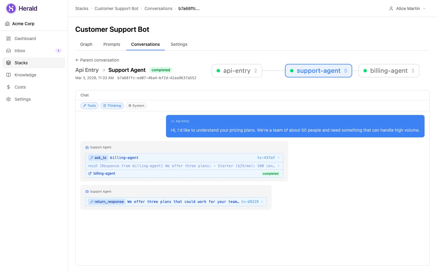 Herald conversation view showing real-time tool calls between agents
