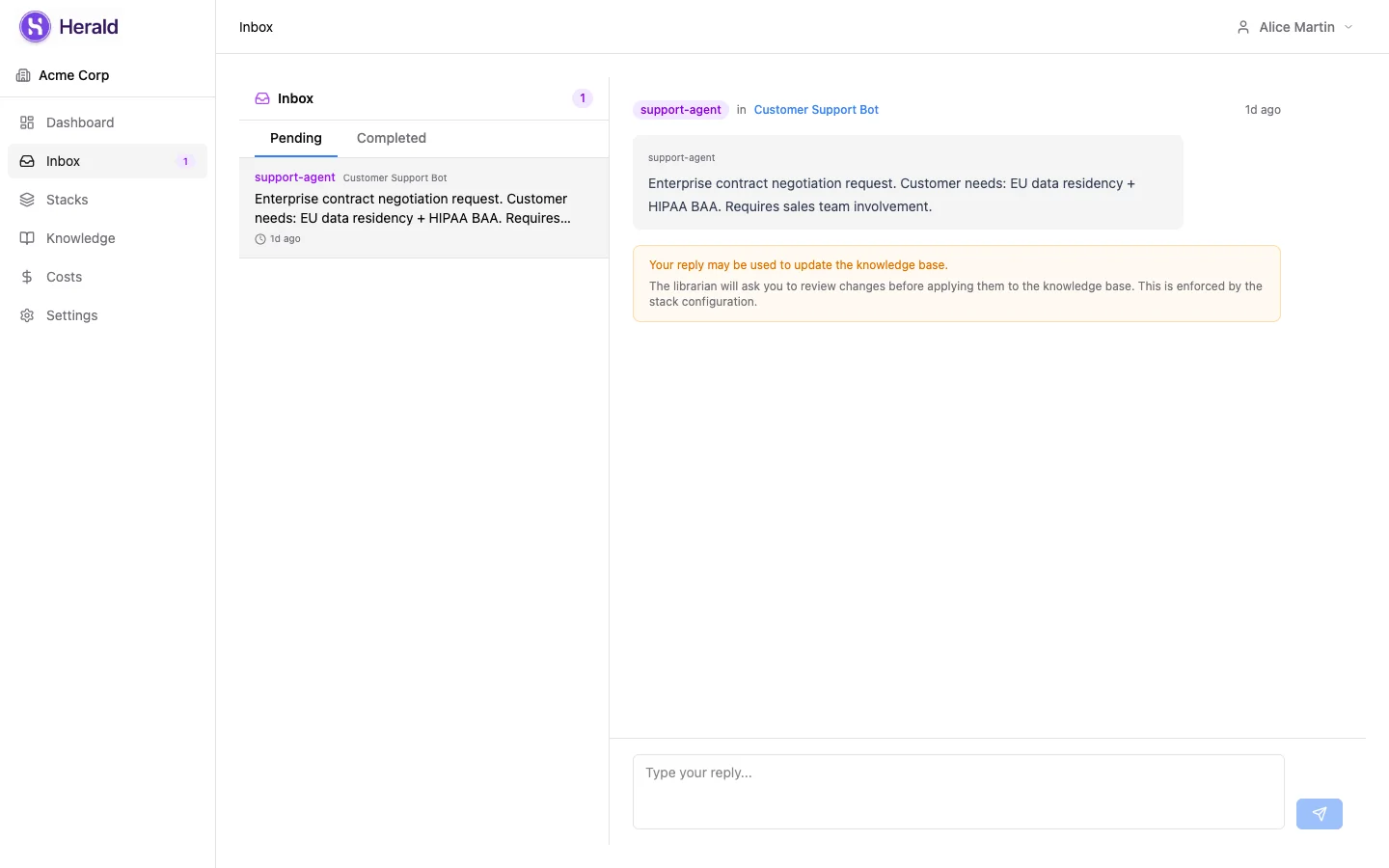 Herald inbox showing a pending human-in-the-loop question
