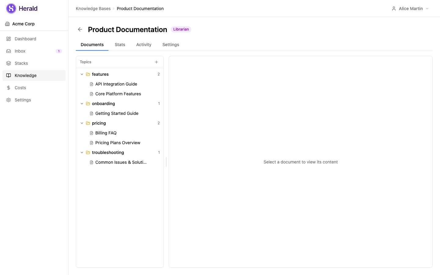 Herald knowledge base with documents organized by topic