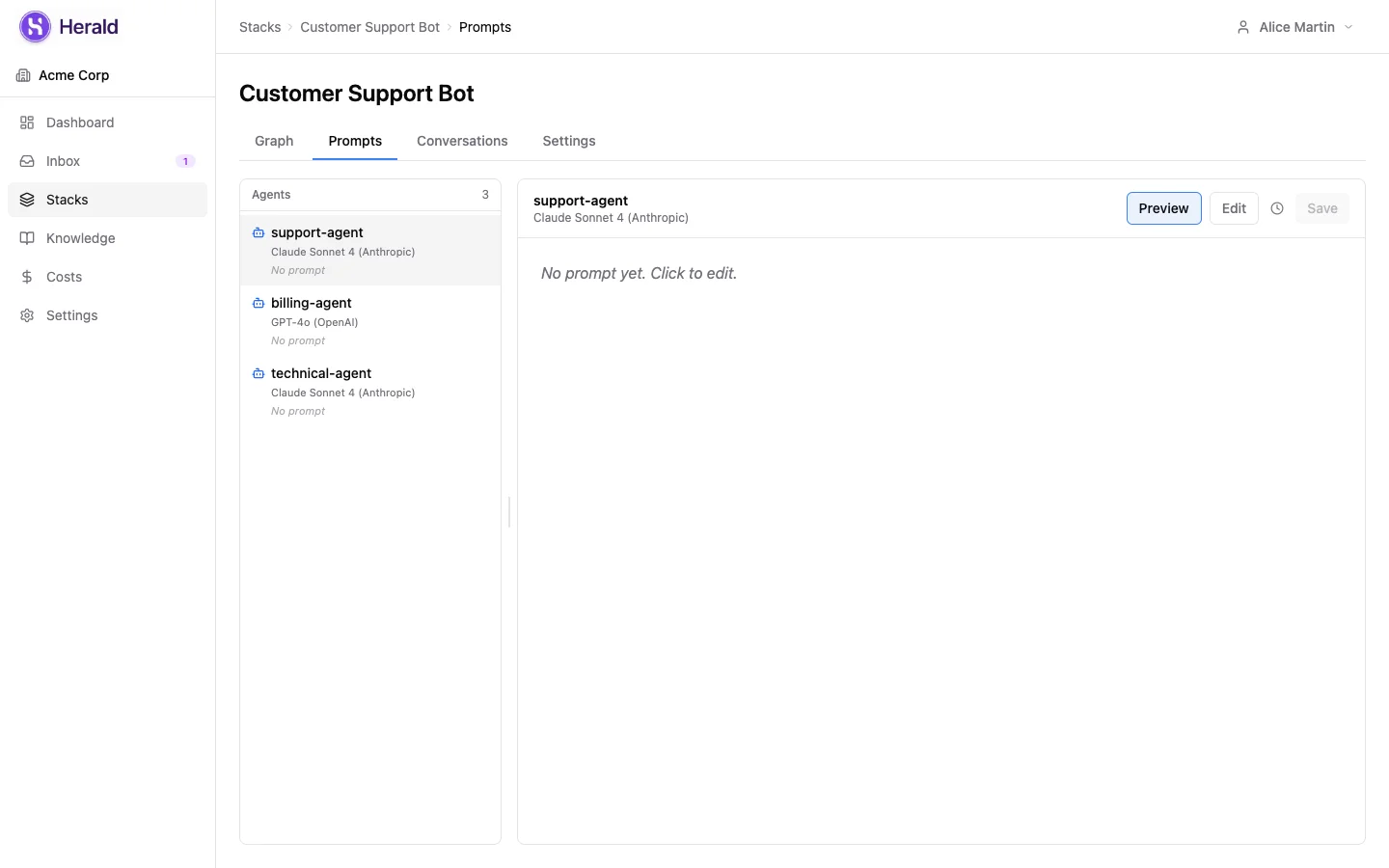 Herald prompts tab showing three agents with different LLM models