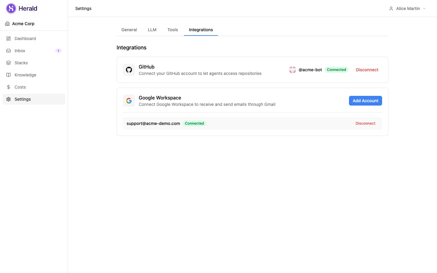 Herald integrations page showing GitHub and Google Workspace connected